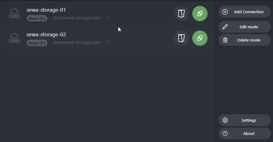 sewa-storage desktop app connections